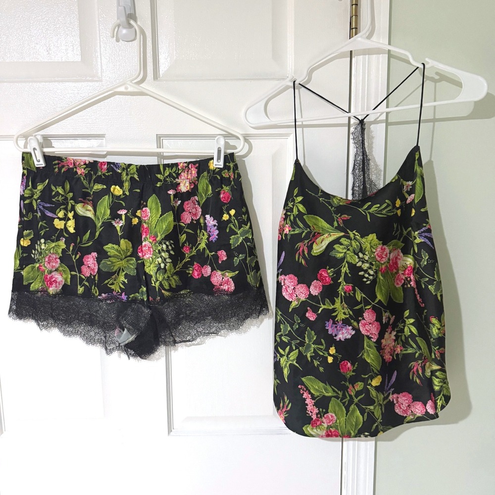 Victorias Secret Floral Satin Cami and Lace Trim Shorts Pajama Set Black Medium